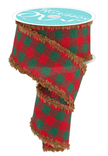2.5 Inch By 10 Yard Red And Green Fuzzy Flannel Check With Drift Edge Ribbon