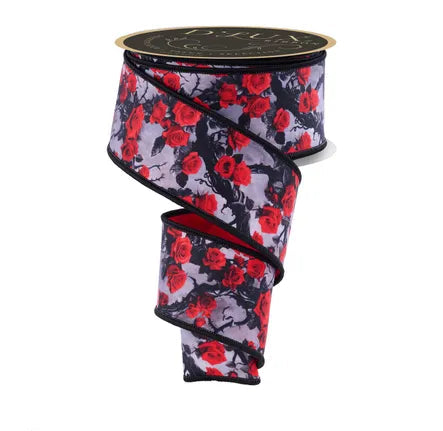2.5 Inch By 10 Yard Red Roses And Vines Fused Ribbon