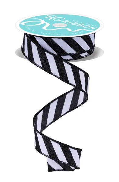 7/8 Inch By 10 Yard White And Black Diagonal Glitter Stripe Ribbon