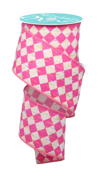 2.5 Inch By 10 Yard Hot Pink And White Antique Diamond Ribbon