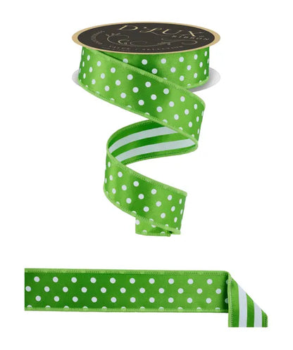 1.5 Inch By 10 Yard Fresh Green And White Polka Dot With Stripe Backing Ribbon