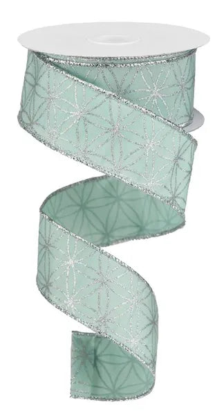 1.5 Inch By 10 Yard Robins Egg And Silver Seamless Stars On Faux Dupioni Ribbon