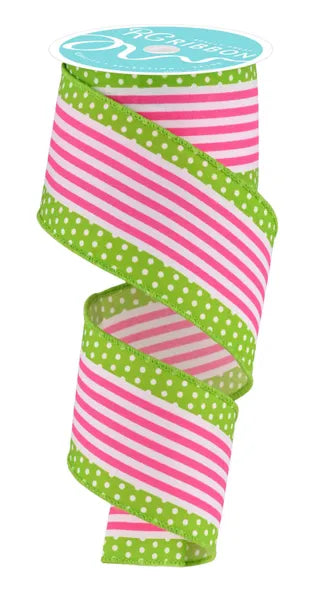 2.5 Inch By 10 Yard White Hot Pink And Lime Vertical Stripe And Polka Dot Edge Ribbon