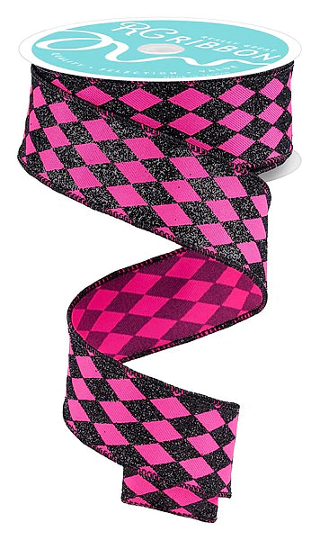 1.5 Inch By 10 Yard Fuchsia And Black Glitter Harlequin Ribbon