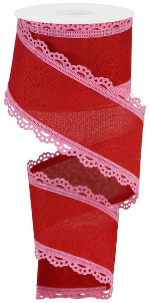 2.5 Inch By 10 Yard Red And Pink Lace Edge Royal Burlap Ribbon