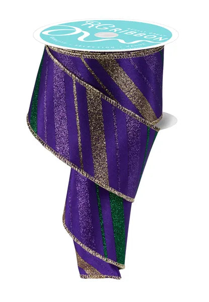 2.5 Inch By 10 Yard Mardi Gras Green Purple And Gold Diagonal Stripe Ribbon