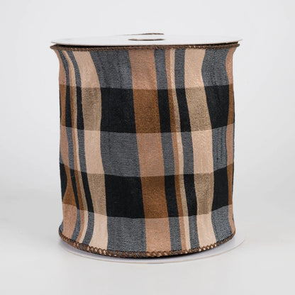4 Inch By 10 Yard Brown Tan Black Dupioni Plaid Ribbon