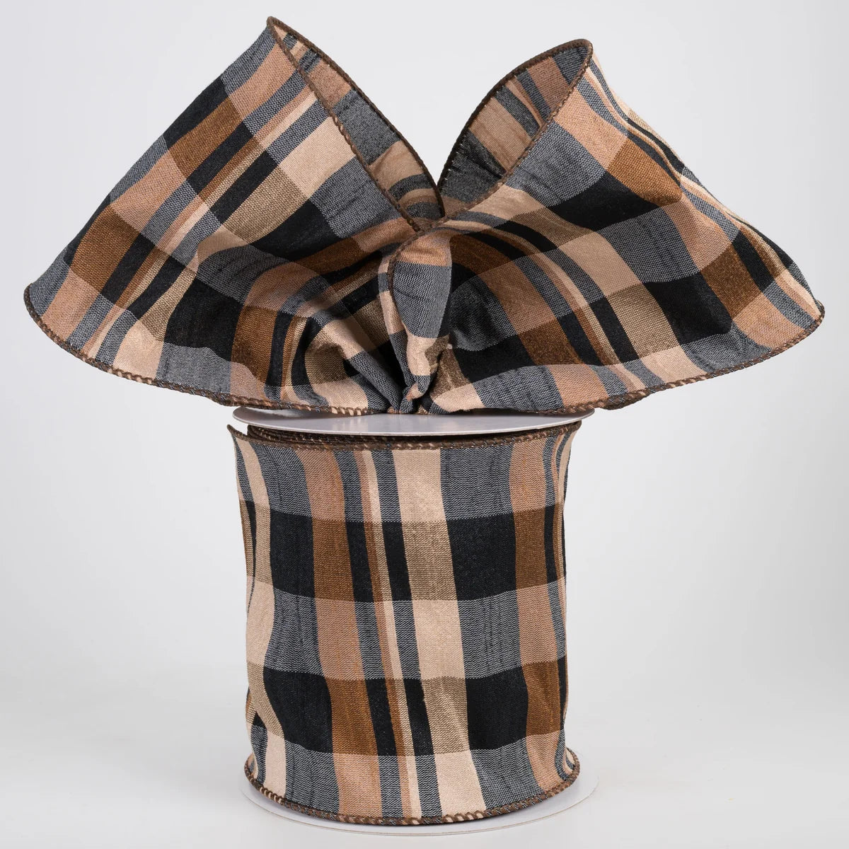4 Inch By 10 Yard Brown Tan Black Dupioni Plaid Ribbon