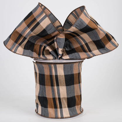 4 Inch By 10 Yard Brown Tan Black Dupioni Plaid Ribbon