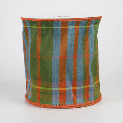 4 Inch By 10 Yard Moss Green Orange And Smoke Blue Faux Dupioni Plaid Ribbon