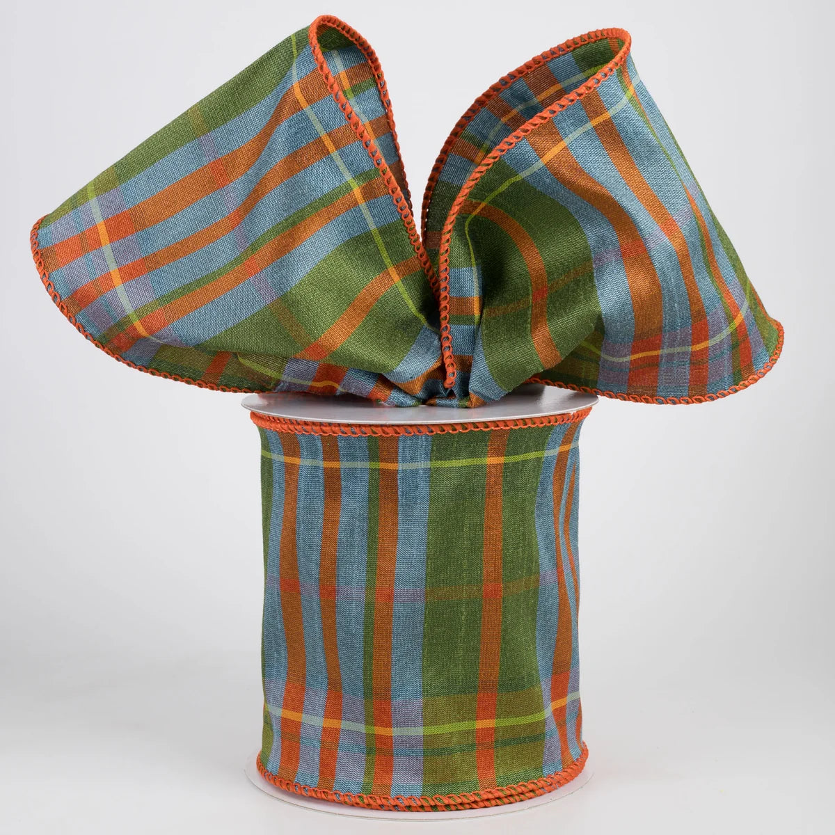 4 Inch By 10 Yard Moss Green Orange And Smoke Blue Faux Dupioni Plaid Ribbon