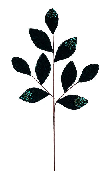 27 Inch Hunter Green Velvet And Glitter Magnolia Leaf Spray