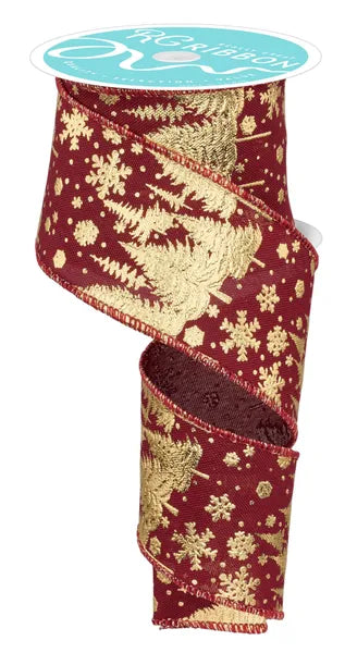 2.5 Inch By 10 Yard Burgundy And Gold Pine Trees And Snowflakes Ribbon