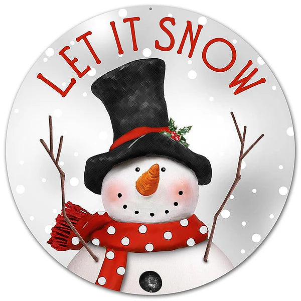 12 Inch Red And White Let It Snow With Snowman Metal Sign