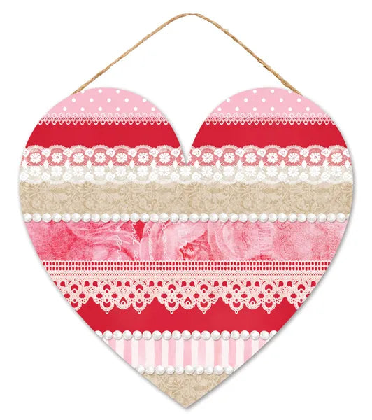 12 Inch Red And Pink Striped Pattern Heart Wood Sign