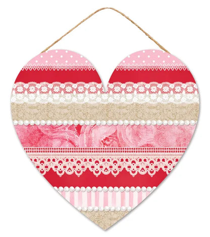 12 Inch Red And Pink Striped Pattern Heart Wood Sign