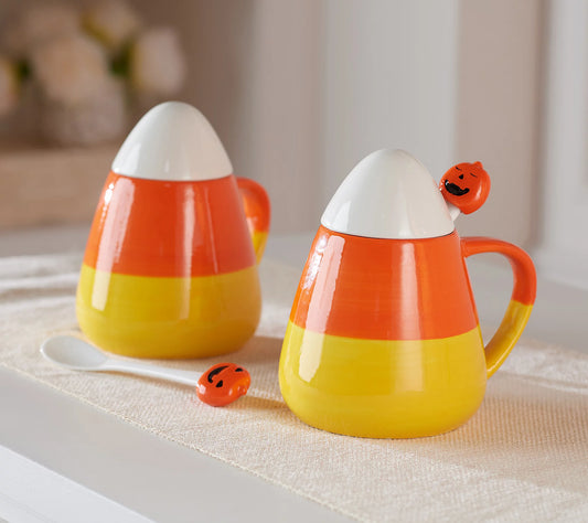 Mr. Halloween Set Of 2 Ceramic Candy Corn Mugs With Lids And Spoons