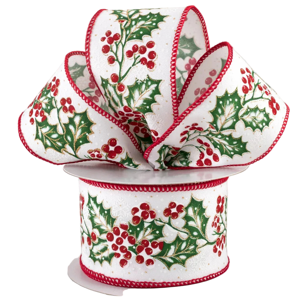 2.5 Inch By 10 Yard Holly Berries In Snow Ribbon