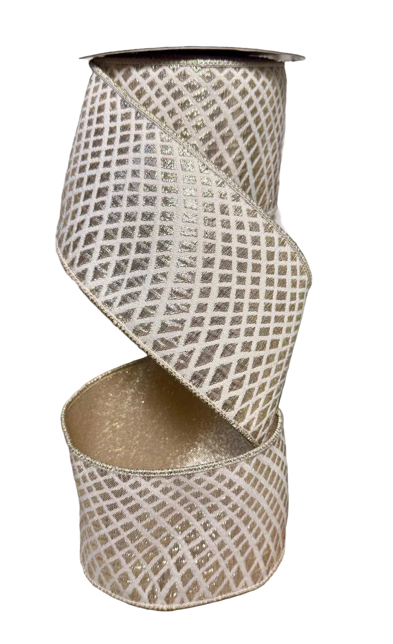John Mark 4 Inch By 10 Yard Ivory And Platinum Net Pattern Double Fused Backing Ribbon