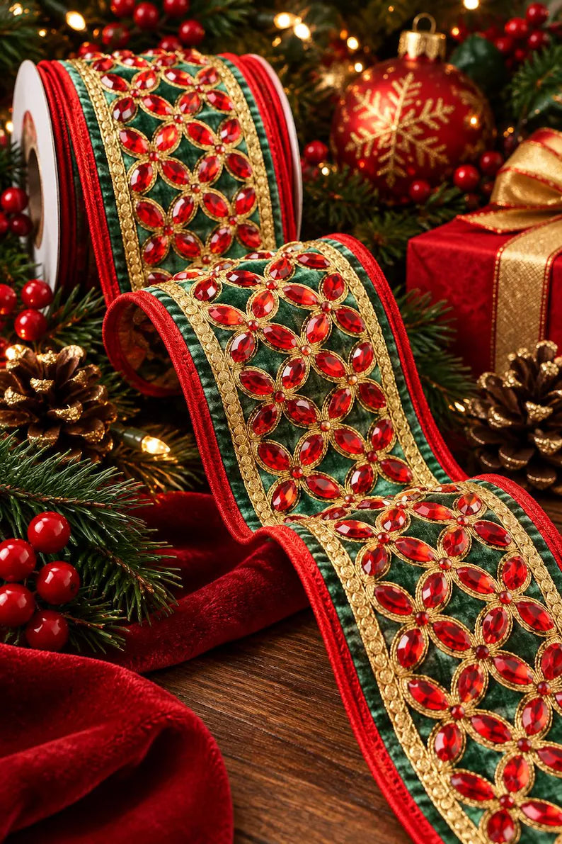 John Mark 4 Inch By 5 Yard Green Velvet Red Floret Center Ribbon
