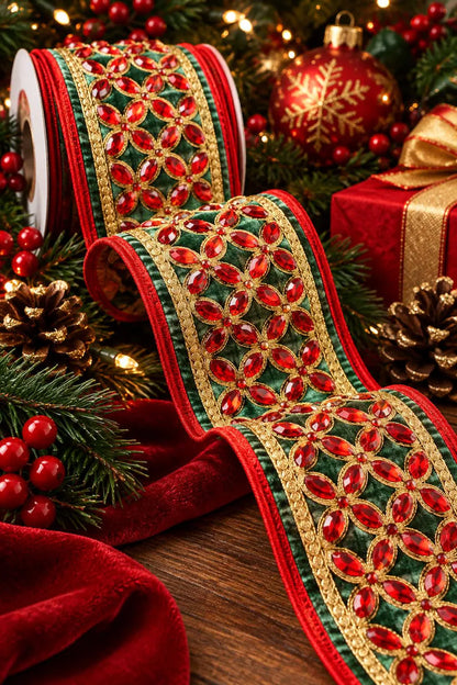 John Mark 4 Inch By 5 Yard Green Velvet Red Floret Center Ribbon