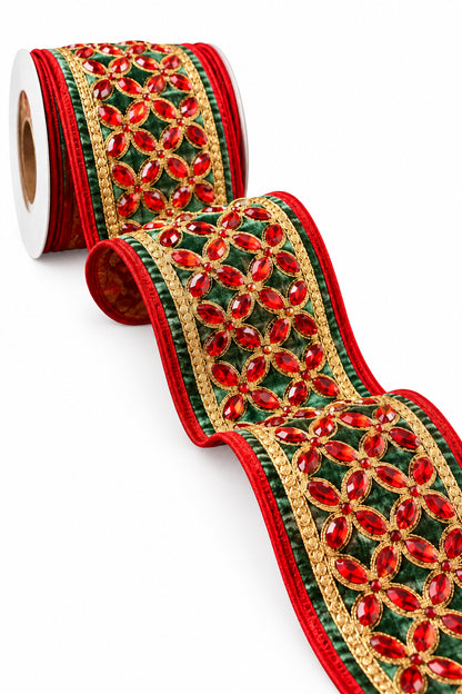 John Mark 4 Inch By 5 Yard Green Velvet Red Floret Center Ribbon