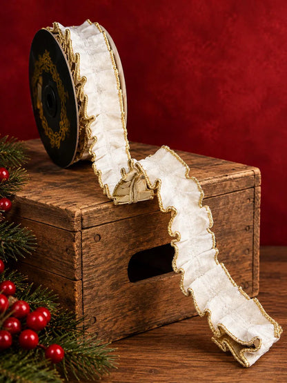 John Mark 1.5 Inch By 10 Yard White Velvet Pleated Metallic Dupioni Fused Ribbon