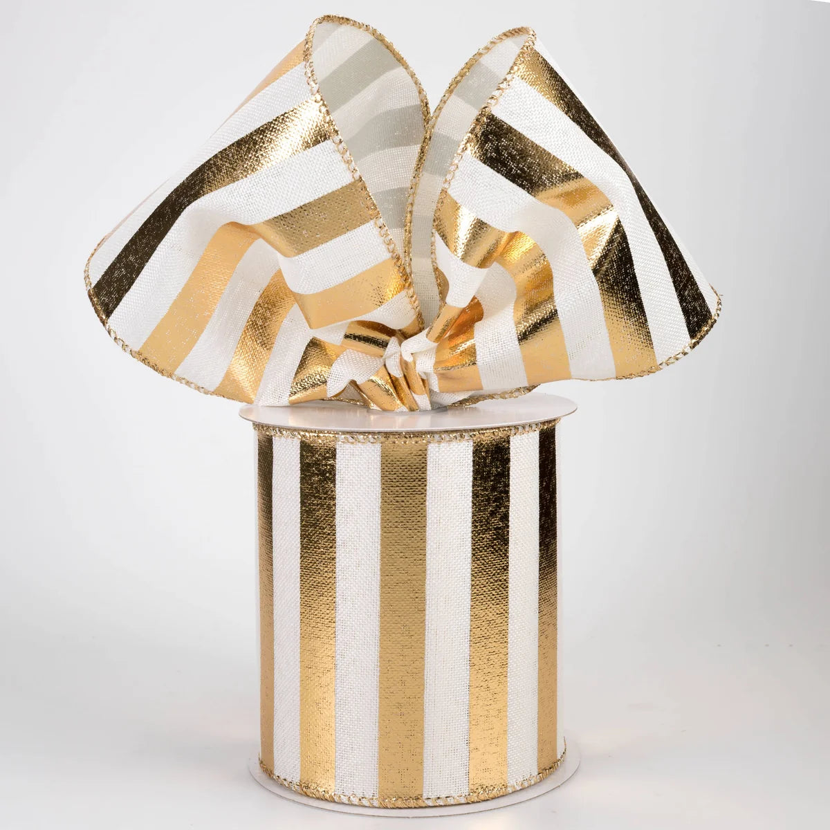 4 Inch By 10 Yard White Linen Gold Horizontal Big Stripes Ribbon