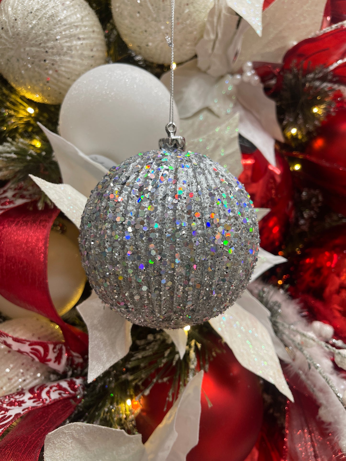 12 CM Silver Glitter Beaded Ball Ornament