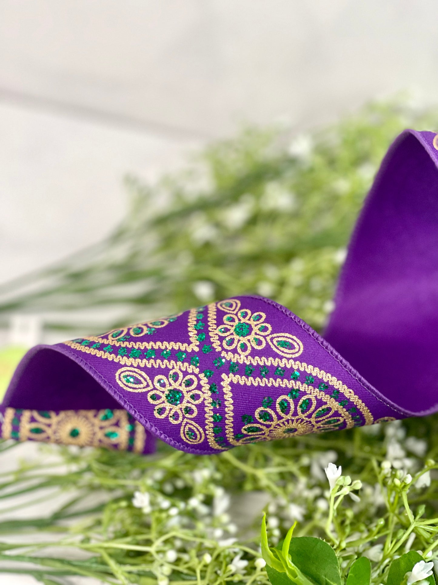 2.5 Inch By 10 Yard Mardi Gras Deluxe Wavy Floral Ribbon