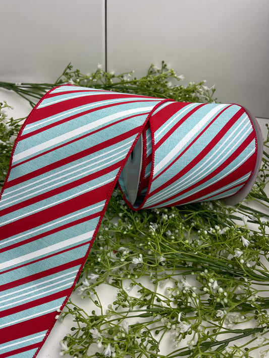 4 Inch By 10 Yard Red And Ice Blue Peppermint Striped Ribbon