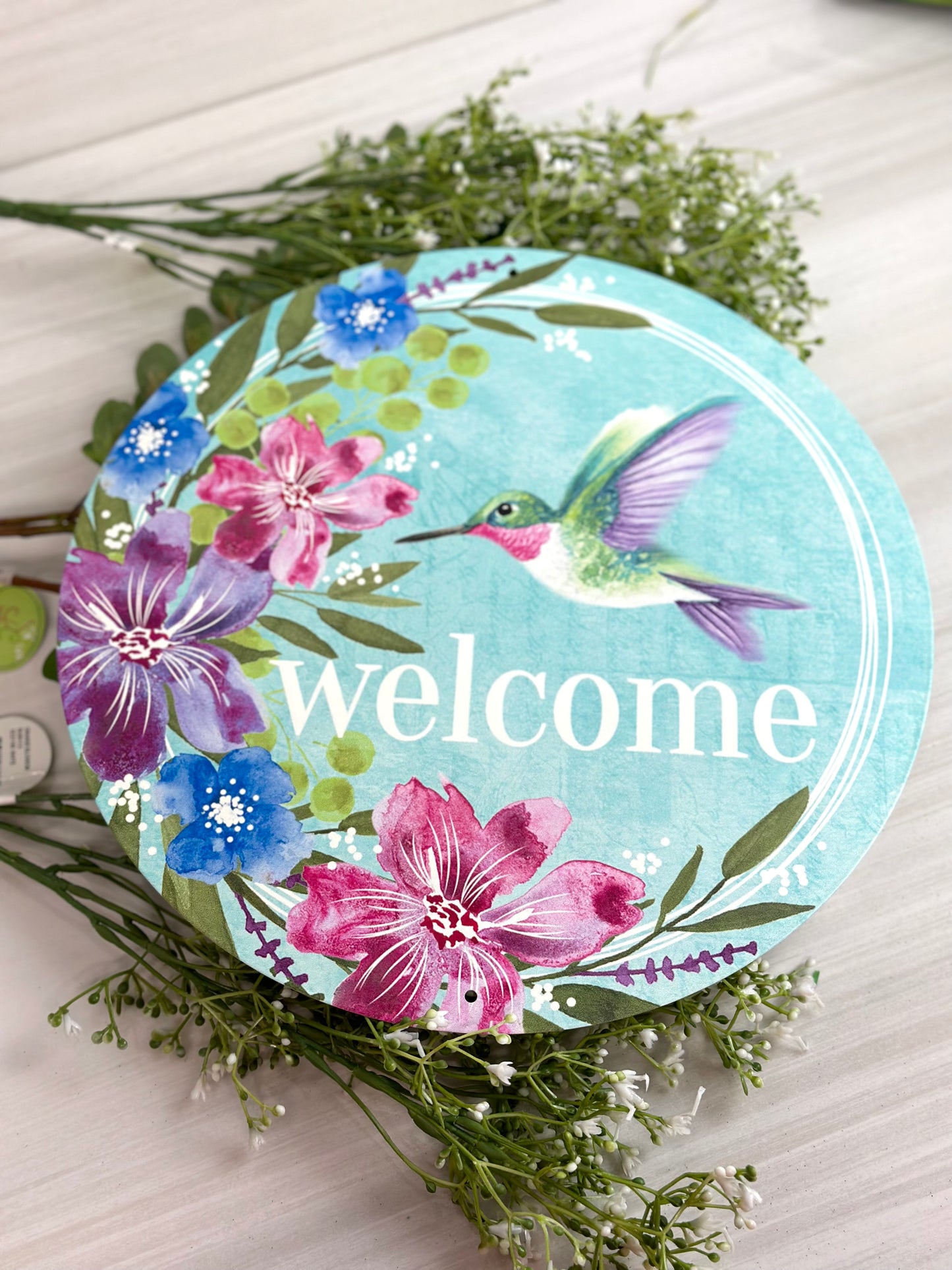 Hummingbird With Florals Metal Round Sign