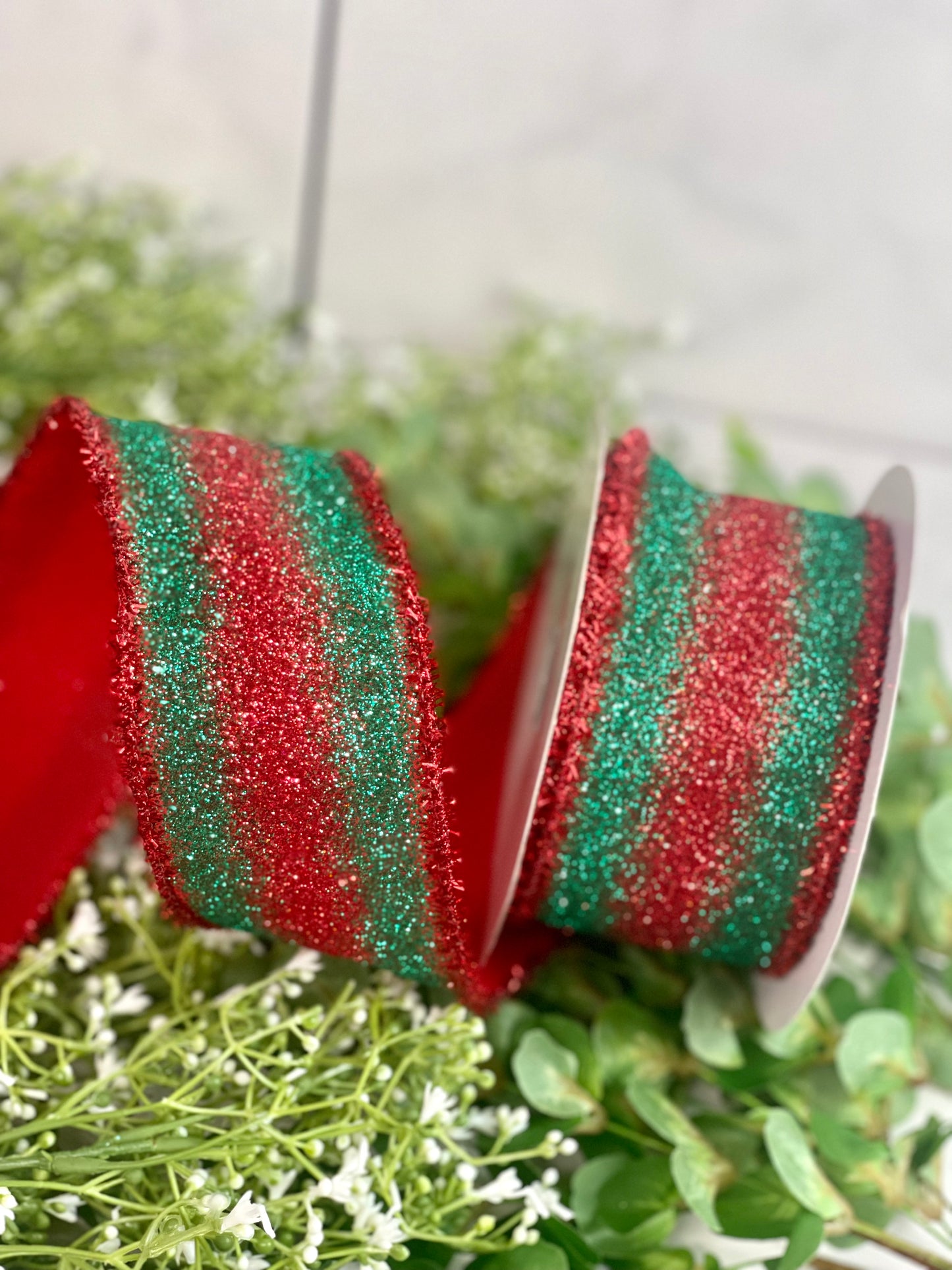 2.5 Inch By 10 Yard Red And Emerald Green Gradient Edge Glitter Tinsel Ribbon