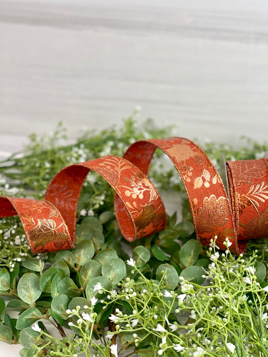 1.5 Inch By 10 Yard Rust Line With Rust Metallic Leaves Ribbon