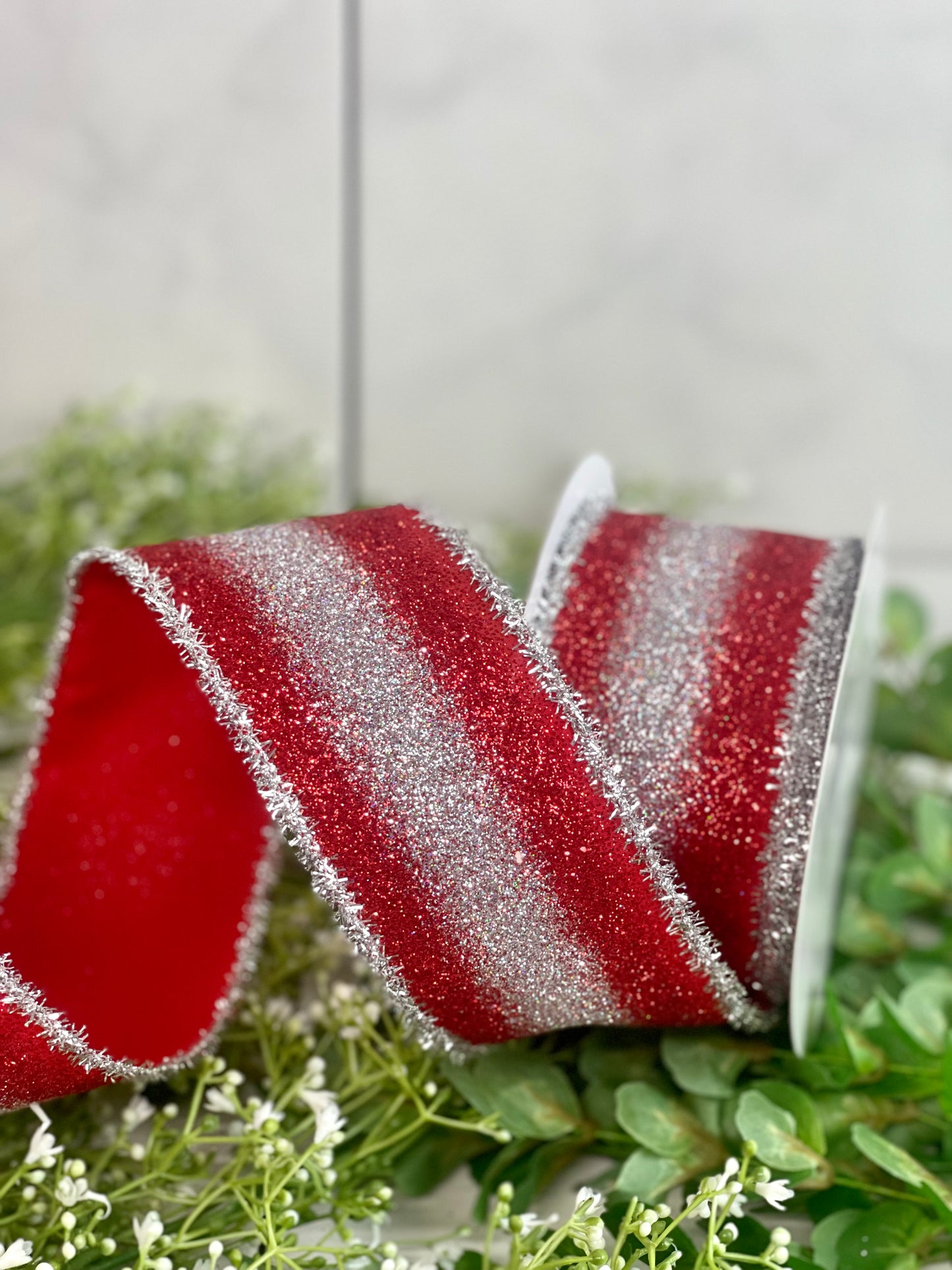 2.5 Inch By 10 Yard Red And Silver Gradient Edge Glitter Tinsel Ribbon