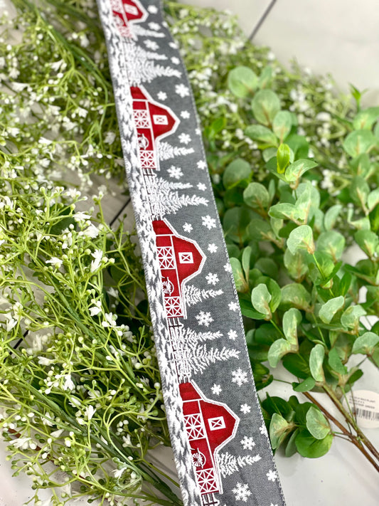 2.5 Inch By 10 Yard Grey Linen Ribbon With Red Barn
