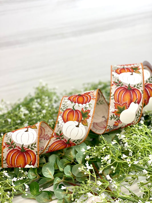 2.5 Inch By 10 Yard Natural Linen With Orange And White Pumpkins Ribbon