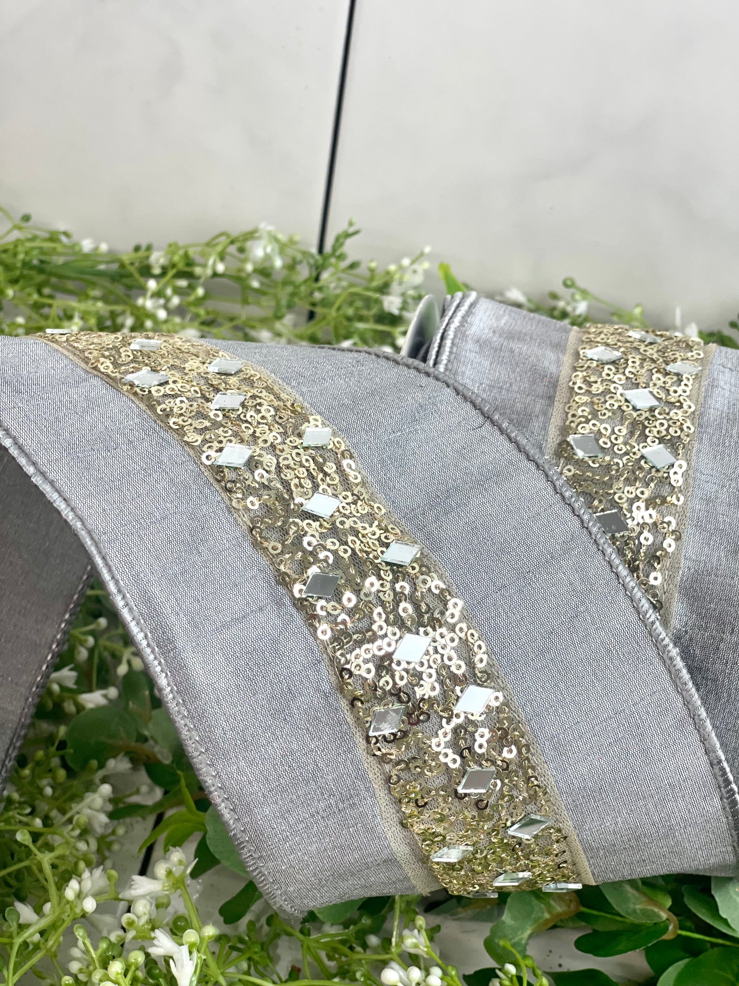 4 Inch By 10 Yard Gray Faux Dupioni Ribbon With Silver And Gold Mirror Lace Center With Platinum Edge
