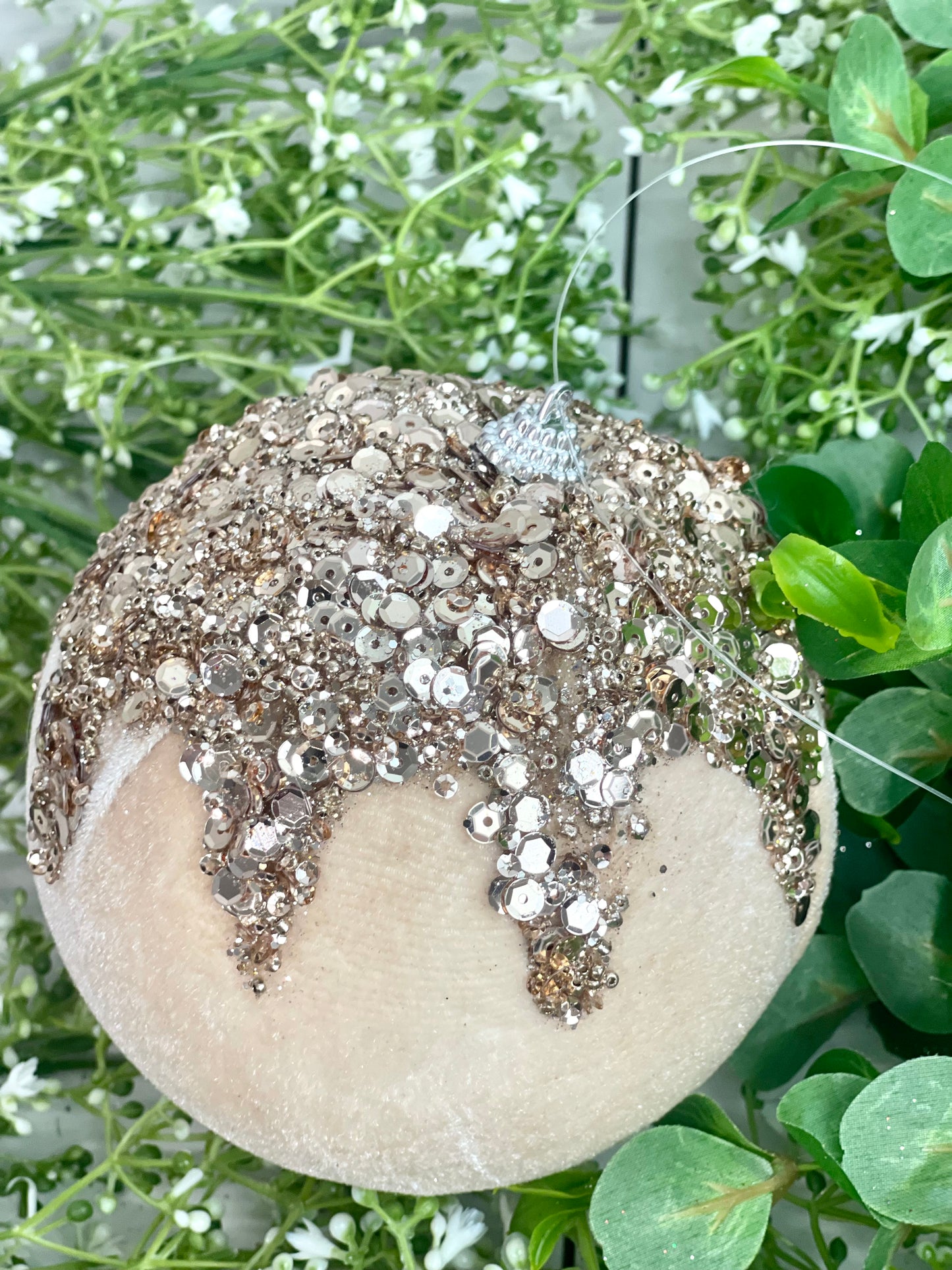 Champagne Flocked Velvet Ornament Ball With Dripping Sequin Design