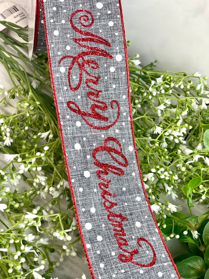 2.5 Inch By 10 Yard Gray Linen Ribbon with Red Glitter Merry Christmas