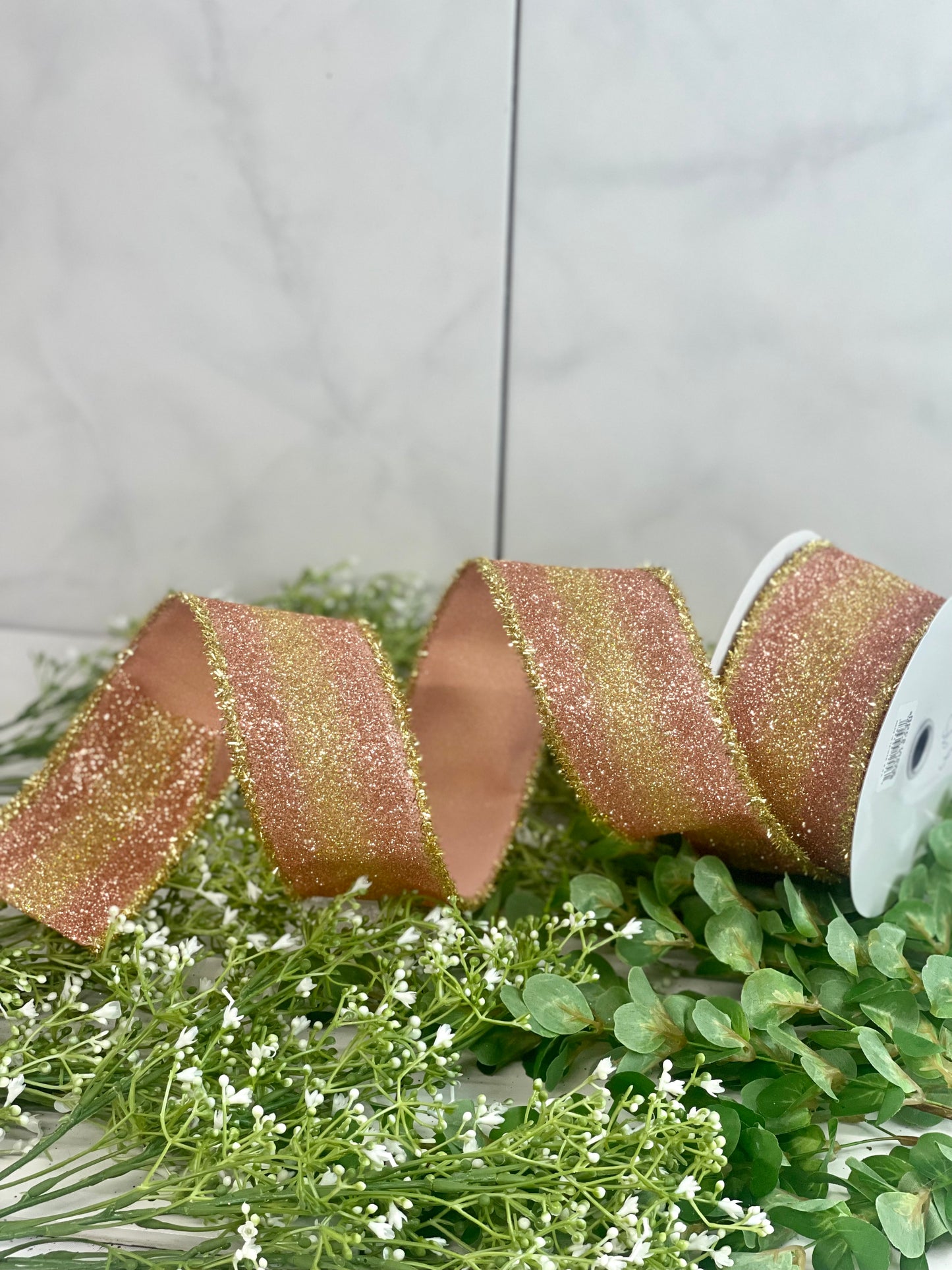 2.5 Inch By 10 Yard Rose Gold And Gold Gradient Edge Glitter Tinsel Ribbon