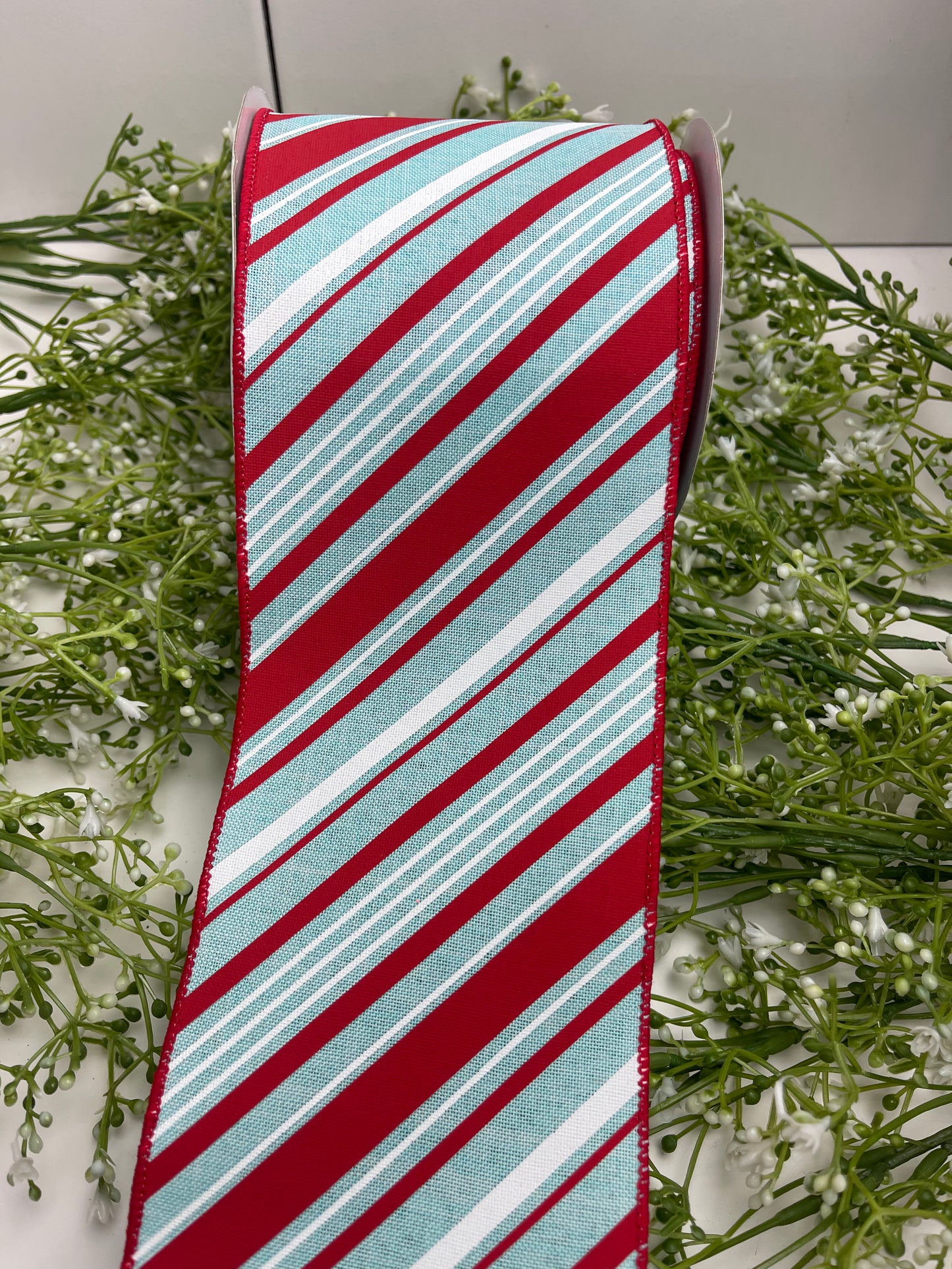 4 Inch By 10 Yard Red And Ice Blue Peppermint Striped Ribbon