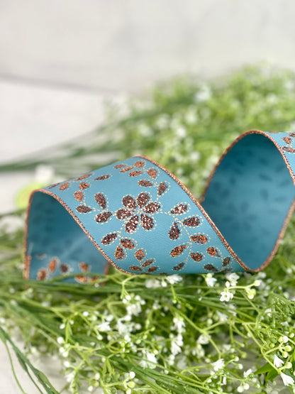 2.5 Inch By 10 Yard Smoke Blue And Copper Glitter Leaves With Flowers Ribbon