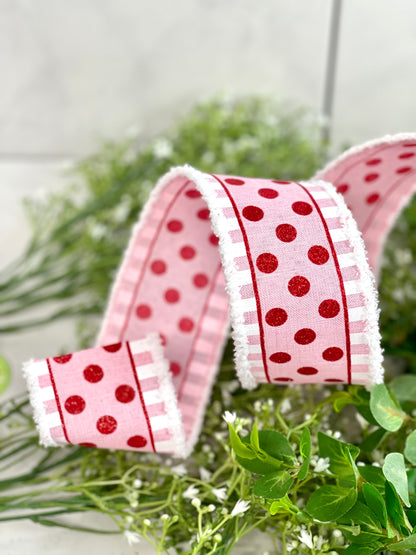 2.5 Inch By 10 Yard Pink Red And White Polka Dot Ribbon With Drift