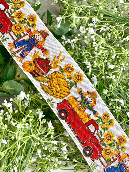 2.5 Inch By 10 Yards Scarecrow In Red Truck With Sunflowers Ribbon