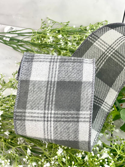 4 Inch By 10 Yard Scandinavian Gray And White Flannel Plaid Ribbon