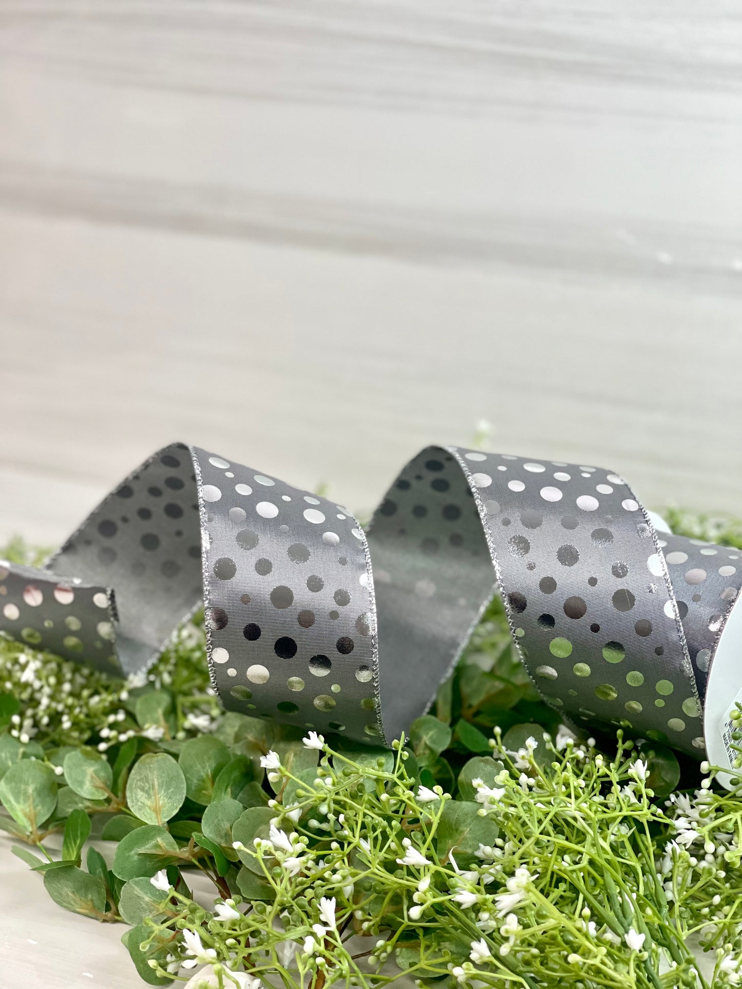 2.5 Inch By 10 Yard Gray Background With Silver Polka Dots Ribbon