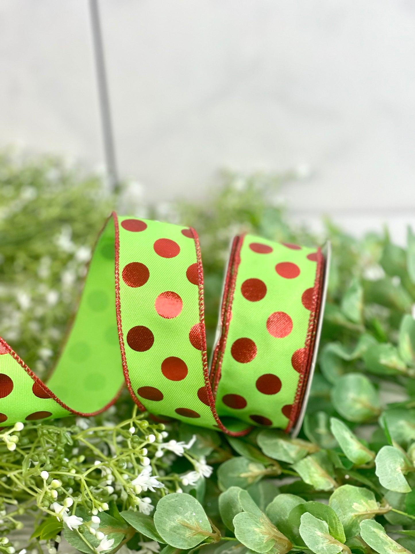 1.5 Inch By 10 Yard Lime Green And Red Metallic Polka Dot Ribbon