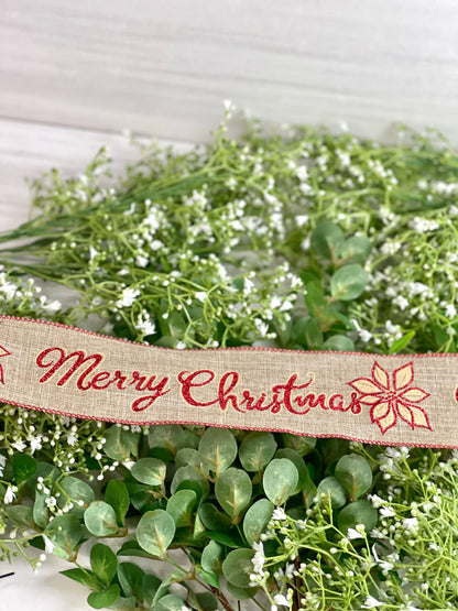 2.5 Inch By 10 Yard Merry Christmas On Natural Background Ribbon