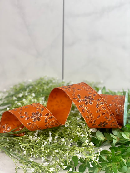 2.5 Inch By 10 Yard Autumn And Copper Glitter Leaves With Flower Ribbon